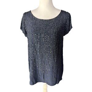 Calypso Elegant Beaded Navy Short Sleeve Blouse Sequin Embellished Top size M